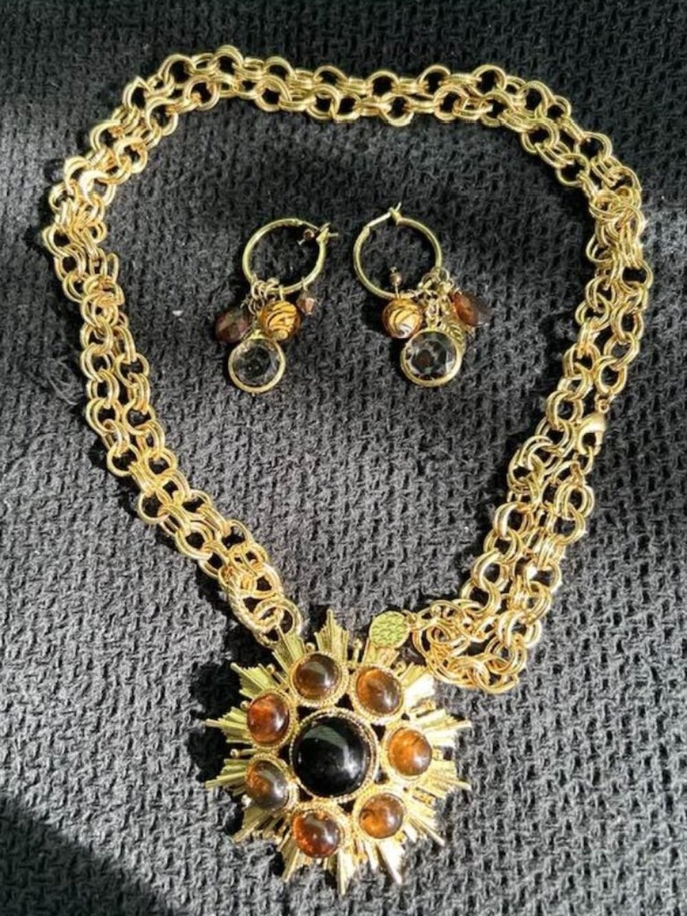 Chunky costume gold-tone with amber designer set